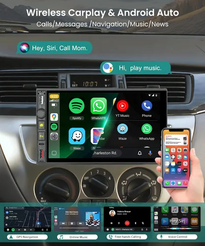 Miniatura 2 de Radio DIN individual con CarPlay con cable y Android Auto, pantalla táctil HD de 7 pulgadas, estéreo de coche de un solo DIN con enlace de espejo