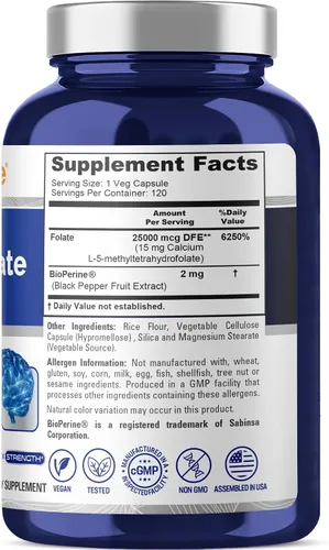 Miniatura 2 de NusaPure L Metilfolato 15 mg, 120 cápsulas vegetales, bioperina y vegano