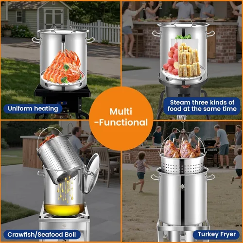 Miniatura 5 de ARC - Olla grande de acero inoxidable de 64 cuartos de galón para caldera de mariscos con cesta y estante de vapor, olla de cocina al aire libre