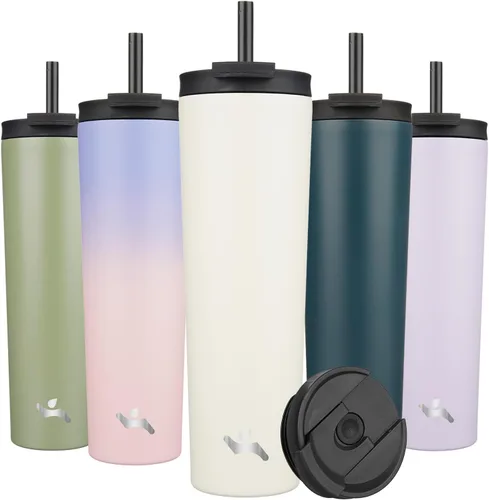 Miniatura 55 de Konokyo Vaso aislado de 18 onzas con tapa y 2 pajillas, botella de agua de acero inoxidable, taza de viaje al vacío, taza de café, color blanco ángel