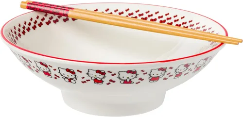 Miniatura 16 de Silver Buffalo Sanrio Hello Kitty Tazón de cerámica para ramen y arroz con diseño de flores, con palillos, apto para microondas, 20 onzas