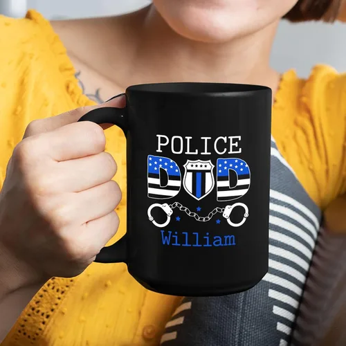 Miniatura 3 de Taza de café personalizada con nombre de policía para papá, regalos personalizados para papá, 11 onzas, 15 onzas Taza negra de papá policía