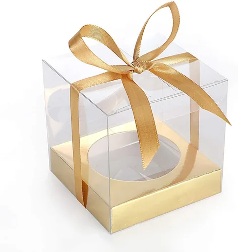 12 cajas de plástico transparente para cupcakes, contenedores individuales de 3.5 pulgadas, cajas de soporte doradas metálicas individuales para