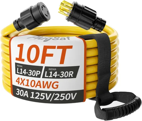 PlugSaf Cable de extensión para generador de 30 amperios de 10 pies, 4 puntas, NEMA L14-30P/L14-30R calibre 10 STW 125/250 V, cable generador de