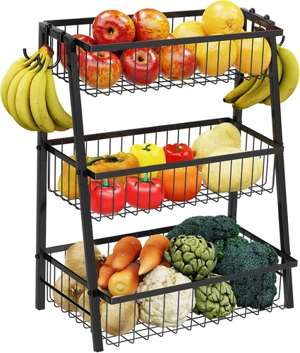 Simple Trending canasta de frutas de 3 niveles trapezoidal con 4 ganchos para plátanos, organizador de cocina extra grande de alambre de metal para