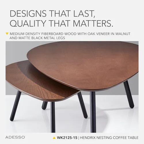 Miniatura 5 de Adesso Juego de dos mesas auxiliares anidables, chapa de roble nogal y patas de metal negro mate, mesas decorativas modernas versátiles para salas