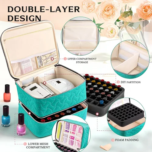 Miniatura 4 de DreamGenius Estuche organizador de esmalte de uñas con capacidad para 42 botellas, bolsa portátil de almacenamiento de esmalte de uñas de doble capa