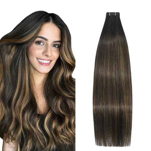 Miniatura 21 de Extensiones de cabello humano adhesivas, sedosas y lacias, 100% Remy, color marrón oscuro, para mujeres, 20 unidades por paquete