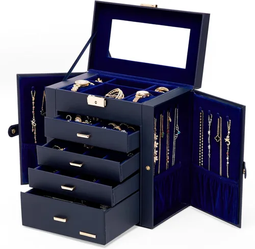 Miniatura 55 de Homde Regalos de Navidad de cuero sintético, enorme joyero, organizador de reloj con espejo, collar, anillo y aretes, estuche de regalo con Dorado