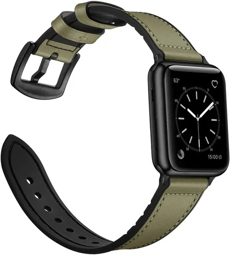 Miniatura 3 de OUHENG Correas de cuero compatibles con Apple Watch de 42mm 41mm 40mm 38mm, correa híbrida de cuero genuino y goma para iWatch Series 11 10 9 8 7 6