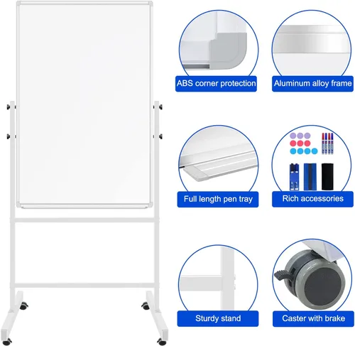Miniatura 6 de Pizarra Blanca de Borrado en Seco con Soporte 36" X 24", Pizarra Blanca Móvil con Soportes, Pizarra Blanca Magnética Rodante de Doble Cara y Altura