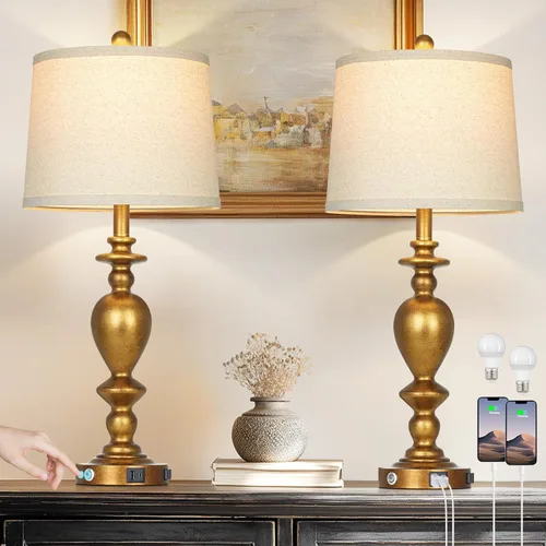 Miniatura 11 de Cinkeda Juego de 2 lámparas de mesa de granja con puerto de carga USB para sala de estar rústica y dormitorio retro, lámpara táctil regulable de 3