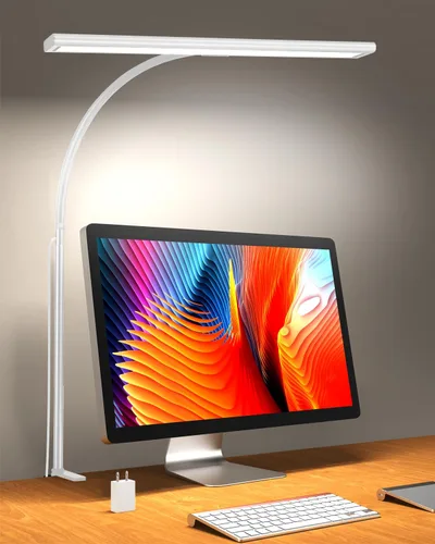 iFalarila Lámpara de escritorio con abrazadera con brillo ajustable, LED que cuida los ojos, cabeza giratoria, alimentada por USB, diseño que ahorra