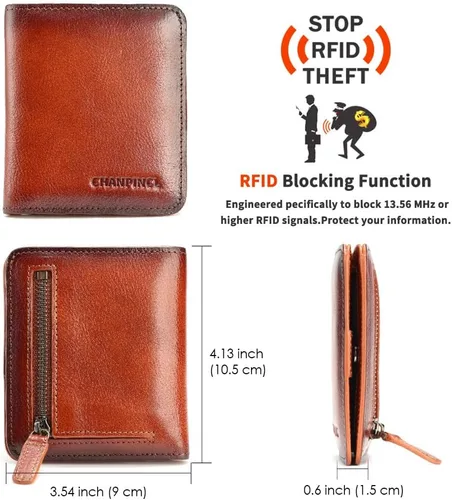 Miniatura 2 de Cartera de cuero con cremallera para hombre, con bloqueo RFID, mini billetera portátil con múltiples ranuras para tarjetas para billetes, marrón