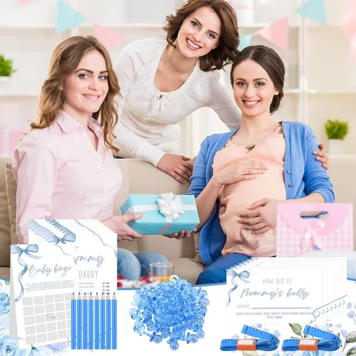 Miniatura 5 de Honoson Juego de 279 piezas de juegos de baby shower con lazo azul para 50 invitados, 8 juegos incluyen Adivina mamá o papá, revuelto de palabras