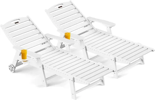 Miniatura 33 de Ciokea Silla de Descanso para Exteriores, Tumbona de Gran Tamaño con 5 Posiciones, HDPE, Silla de Descanso de Patio con Ruedas y Portavasos para Gris