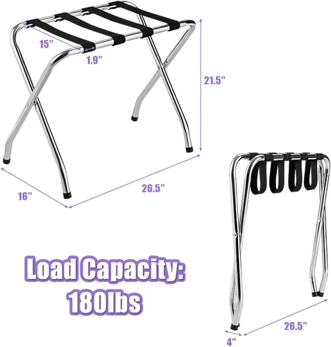 Miniatura 5 de Tangkula Portaequipajes cromado para habitación de invitados, no requiere montaje, soporte plegable de metal para maleta con cinturones de nailon