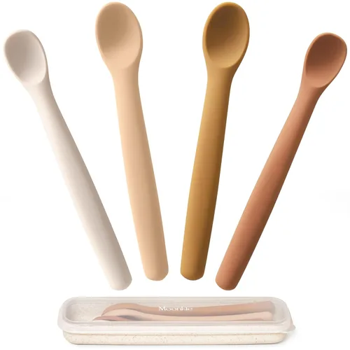 Moonkie Juego de 4 cucharas de silicona para bebé, cucharas para niños pequeños para autoalimentación de 6 meses, cucharas de alimentación de dos