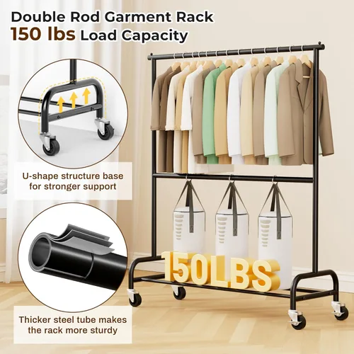 Miniatura 2 de MISSLO Perchero resistente para colgar ropa, perchero con ruedas para abrigo, ropa, negro mate (doble varilla)