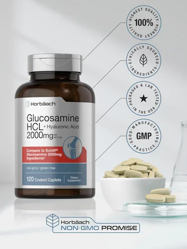 Miniatura 6 de Horbäach Glucosamina HCL con ácido hialurónico 2000 mg 120 comprimidos recubiertos Suplemento sin OMG y sin gluten