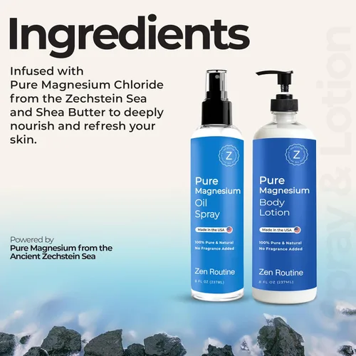 Miniatura 5 de Zen Routine Spray de aceite de magnesio puro + loción corporal con manteca de karité, cloruro de magnesio tópico para calambres en las piernas