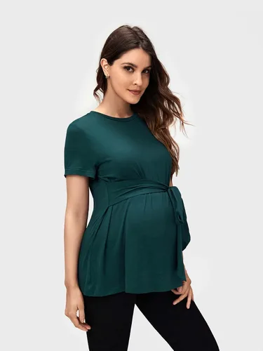 Miniatura 4 de OYOANGLE Camisetas básicas de maternidad para mujer, con lazo frontal, manga corta, cuello redondo, peplum