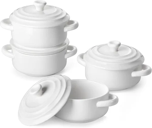 MALACASA Mini Cocotte Set - 14 OZ (aproximadamente 396.89g) Platos pequeños de cazuela con tapas y asas, juego de 4 ollas holandesas mini de Blanco