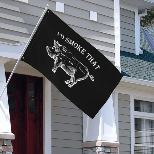 Miniatura 6 de Bandera de barbacoa divertida con texto en inglés "I'd Smoke That Pig" de 3 x 5 pies, colores vivos y resistentes a la decoloración UV, banderas
