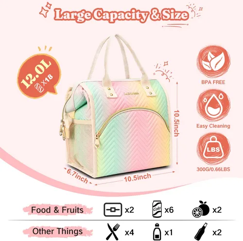 Miniatura 4 de Bolsa de almuerzo aislada para mujer, bolsa de almuerzo de apertura amplia, soporte grande para bebidas, organizador térmico de nailon duradero