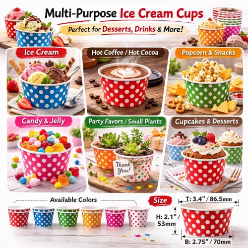 Miniatura 5 de Worlds Copas de papel para helado de papel con lunares, tazas de yogur de 12 onzas, mezcla de 50