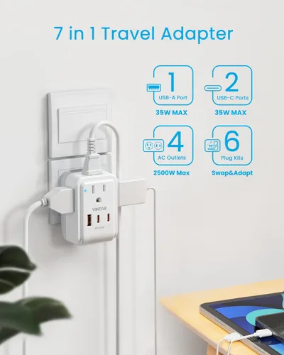 Miniatura 3 de Kit de Adaptador de Viaje Universal, VINTAR PD Adaptador de Corriente Internacional de 35W con 3 Puertos USB (2 USB C) y 4 Salidas de CA, Conectores