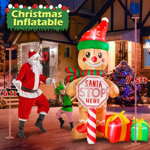 Miniatura 3 de Letrero de 7.5 pies "Santa Stop Here" Hombre de Jengibre Inflable de Navidad con Luces LED, Decoraciones Inflables para Patio Exterior, Césped