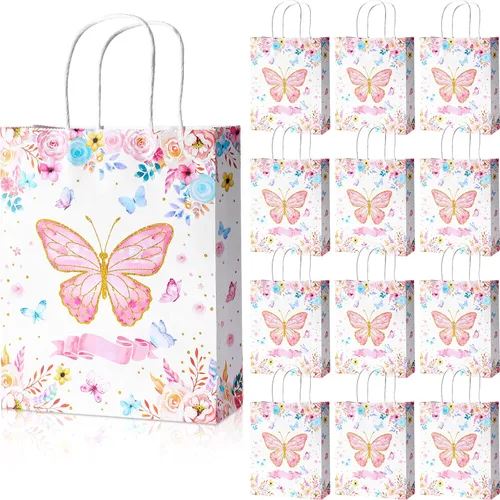 Nezyo 24 bolsas de regalo de mariposa para fiesta, 8 x 10 pulgadas, bolsas de dulces con texto en inglés "Thank You for Fluttering", bolsa de papel