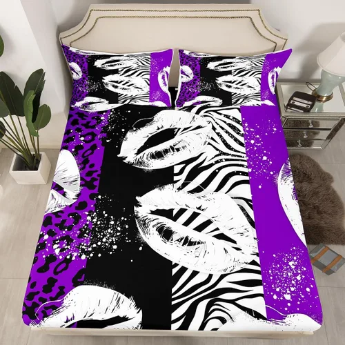 Miniatura 9 de Manfei Sábana bajera ajustable de labios de rosa, tamaño individual, funda de cama con estampado de cebra de leopardo con 1 funda de almohada, juego