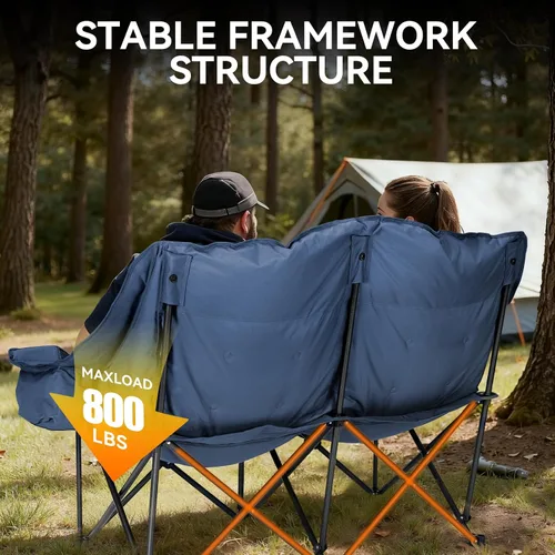 Miniatura 7 de Huskfirm Silla de campamento doble acolchada con respaldo alto para 2 personas, silla de campamento de gran tamaño, soporte de sofá biplaza de Azul