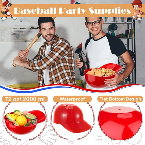 Miniatura 4 de Tanlade Casco de béisbol de plástico grande de 72 onzas, cuencos de béisbol, cuencos para aperitivos, helado, postre para trabajadores de Rojo