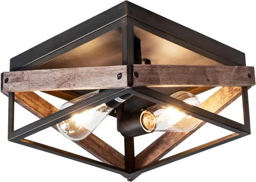 Miniatura 17 de MAYNA Lámpara de techo de granja, lámpara de techo rústica de 2 luces con montaje empotrado de metal y madera, accesorios de iluminación de pasillo