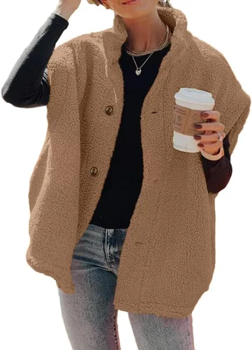 Miniatura 64 de Hongqizo - Chaleco de forro polar mullido para mujer, casual, de gran tamaño, cálido, con botones, chaqueta de sherpa con bolsillos