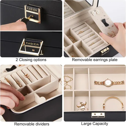 Miniatura 5 de KAMIER Organizador de joyas, caja de joyería de piel sintética de 2 capas, gran capacidad, doble cerradura y espejo grande, ganchos ocultos