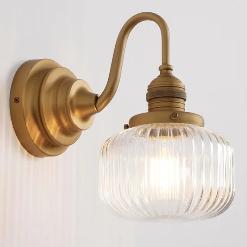 Apliques de pared dorados, lámpara vintage de tocador de baño con vidrio transparente soplado a mano, lámpara minimalista de latón para montaje en