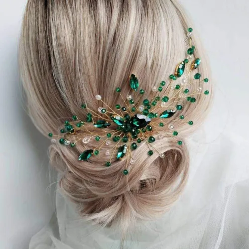 Miniatura 2 de Kercisbeauty Peine de pelo de cristal bohemio para mujer, accesorio para el cabello de boda, novia, baile de graduación, color verde