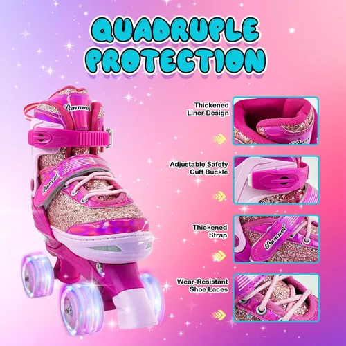 Miniatura 5 de Patines de ruedas para niños y niñas, 4 tamaños ajustables de 3 a 5 a 8, 6 a 12 años, patines cuádruples con ruedas iluminadas para principiantes