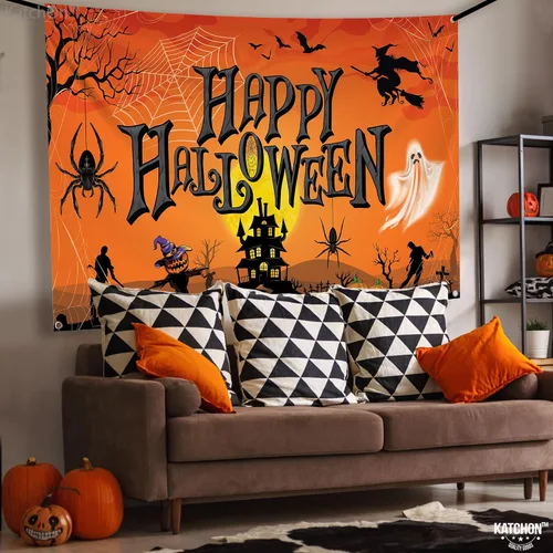 Miniatura 2 de KatchOn Cartel naranja de feliz Halloween, extra grande de 72 x 44 pulgadas, telón de fondo de calabaza para decoraciones de fiesta y fotografía