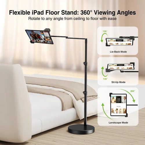 Miniatura 5 de elitehood Soporte de suelo para iPad de diseño diagonal con base resistente, soporte horizontal de 24 pulgadas de brazo largo para cama reclinable