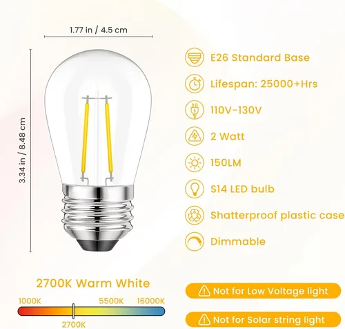 Miniatura 2 de Svater Paquete de 15 bombillas de repuesto S14 para cadena de luces al aire libre, vidrio LED regulable de 2 W, bombilla Edison vintage, blanco