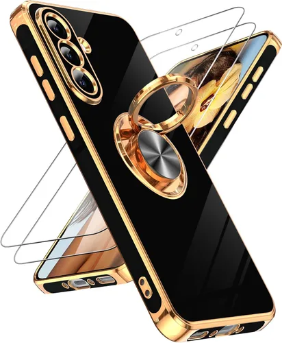 Miniatura 100 de LeYi Funda para Samsung Galaxy S22 Ultra con soporte de anillo giratorio de 360°, soporte magnético, chapado en oro rosa, borde protector para Negro