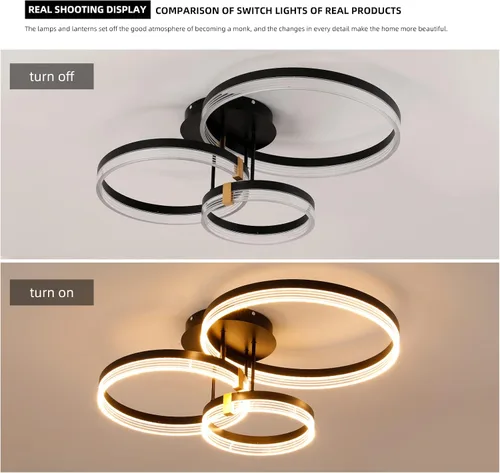 Miniatura 8 de Lámpara de techo moderna, 3 anillos LED negros cerca del techo, lámpara de techo acrílica regulable de 56 W, lámpara de techo para sala de estar