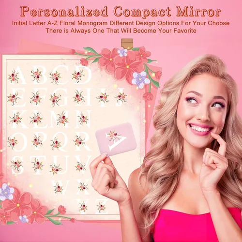 Miniatura 5 de Espejo compacto personalizado con inicial y luz, espejos de bolsillo LED para regalos informales, espejo de viaje con aumento 1X/3X, espejo pequeño