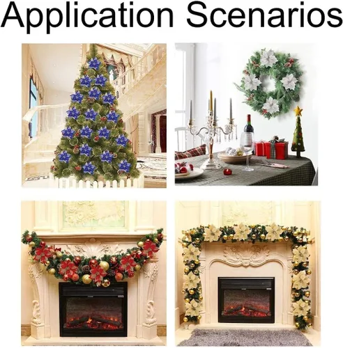 Miniatura 5 de Jim's Cabin Paquete de 12 flores de Pascua artificiales con purpurina para adornos de árbol de Navidad, mariposas y decoraciones doradas (azul)