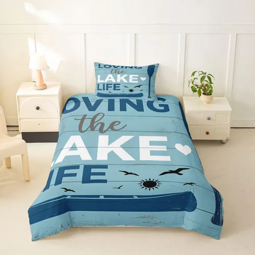 Miniatura 8 de Erosebridal Lake House Twin Bed Set for Boys Girls Kids, Blue and Beige Lakehouse 2Pcs Duvet Cover with Zipper, Rustic Farmhouse Bedding Sets
